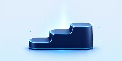 A futuristic, glowing, three-step platform with a sleek blue gradient and neon-like edges, set against a light blue background.