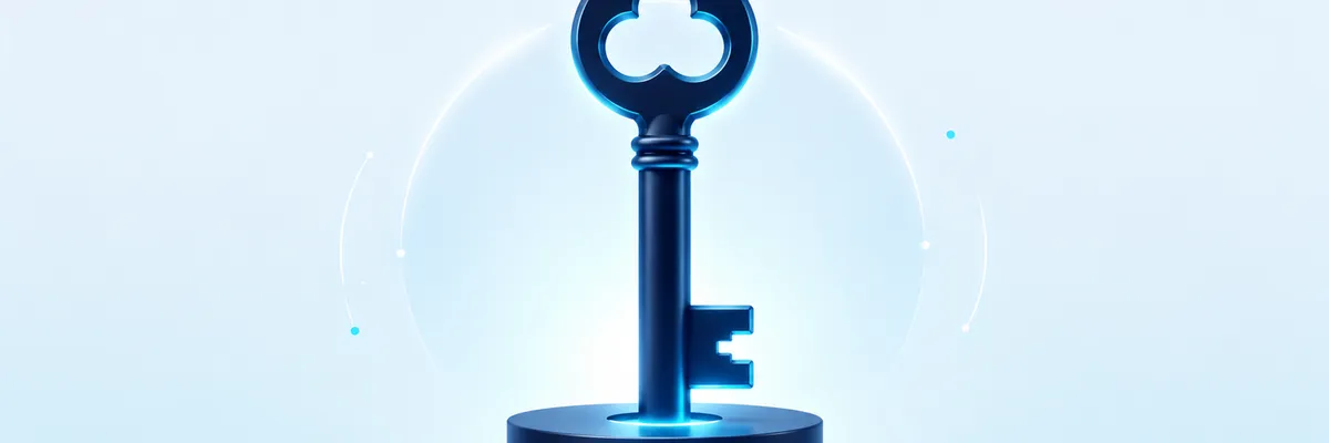 A stylized, glowing blue key stands upright on a round base against a light background with faint circular elements.