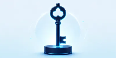 A stylized, glowing blue key stands upright on a round base against a light background with faint circular elements.