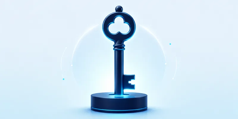 A stylized, glowing blue key stands upright on a round base against a light background with faint circular elements.