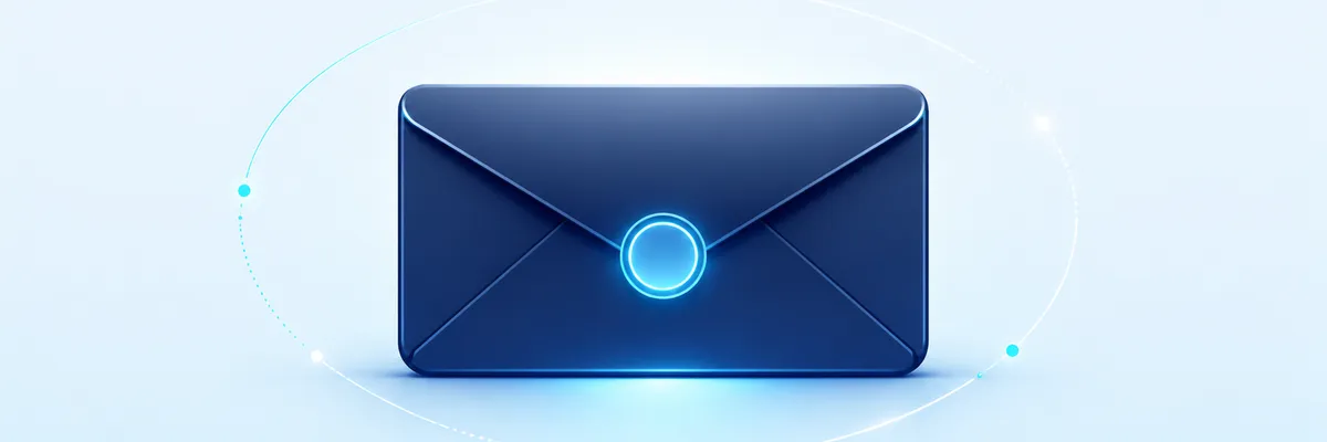 A dark blue envelope icon with a glowing circle at the center, surrounded by orbiting glowing dots, set against a light blue background.