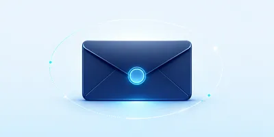 A dark blue envelope icon with a glowing circle at the center, surrounded by orbiting glowing dots, set against a light blue background.