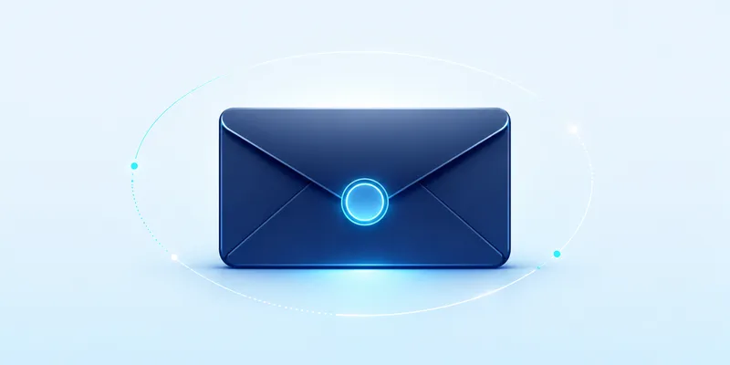 A dark blue envelope icon with a glowing circle at the center, surrounded by orbiting glowing dots, set against a light blue background.