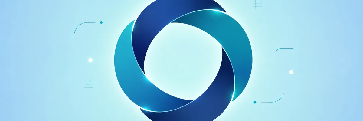 Blue and teal circular abstract design on a light blue background, with small white and blue accents surrounding it.