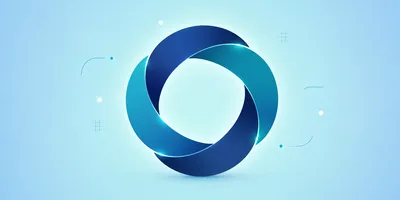 Blue and teal circular abstract design on a light blue background, with small white and blue accents surrounding it.
