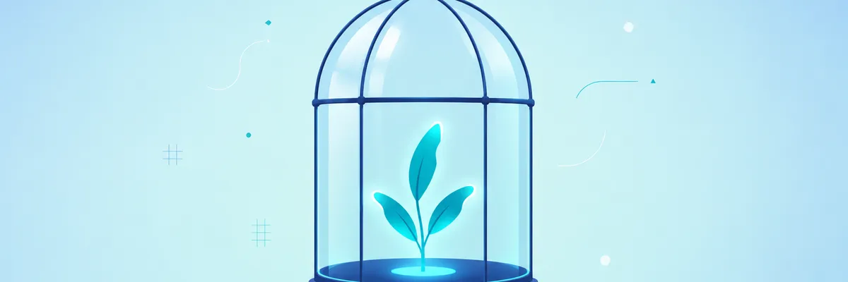A small plant with three glowing blue leaves enclosed under a glass dome, set against a light blue background with abstract geometric accents.