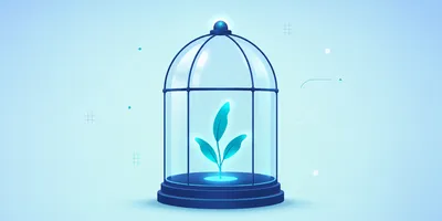 A small plant with three glowing blue leaves enclosed under a glass dome, set against a light blue background with abstract geometric accents.