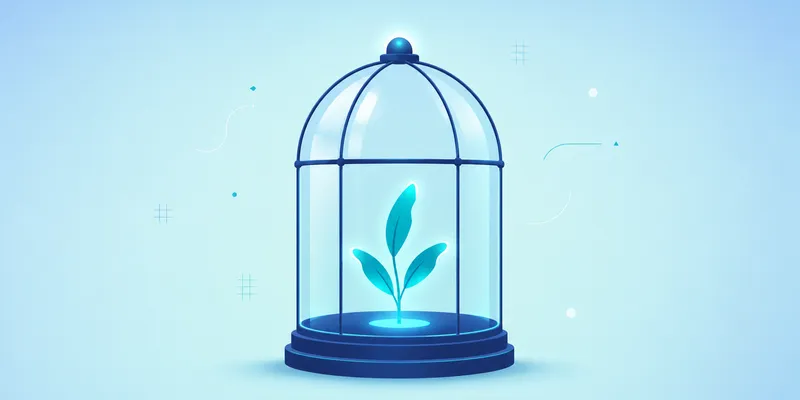 A small plant with three glowing blue leaves enclosed under a glass dome, set against a light blue background with abstract geometric accents.