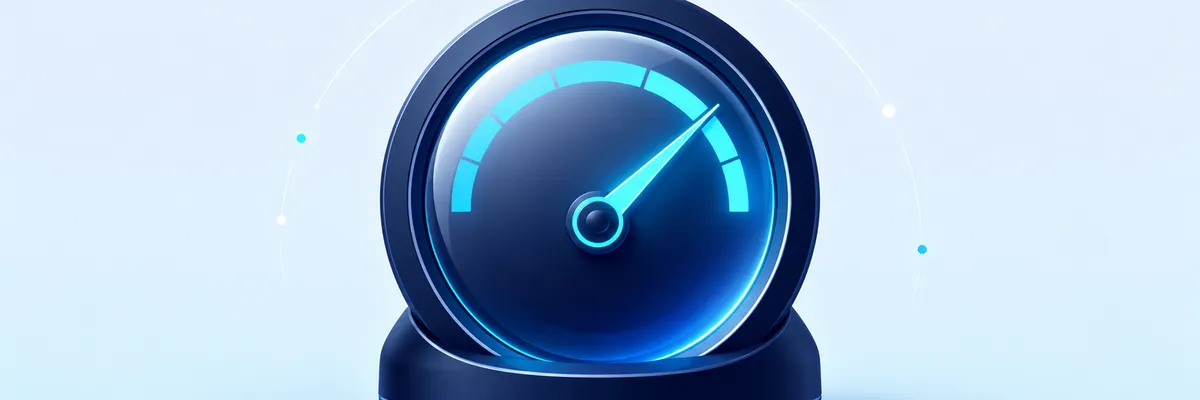 A stylized dark blue speedometer with a glowing cyan needle pointing to the right, symbolizing high speed, against a light blue background.