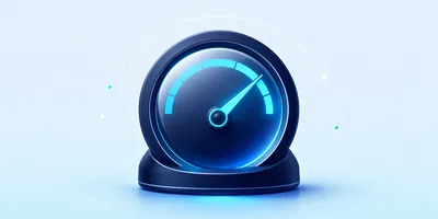 A stylized dark blue speedometer with a glowing cyan needle pointing to the right, symbolizing high speed, against a light blue background.