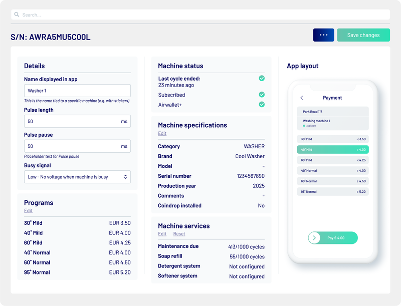 Airwallet dashboard for technicians showing an AW device and machine with details, machine status and app layout