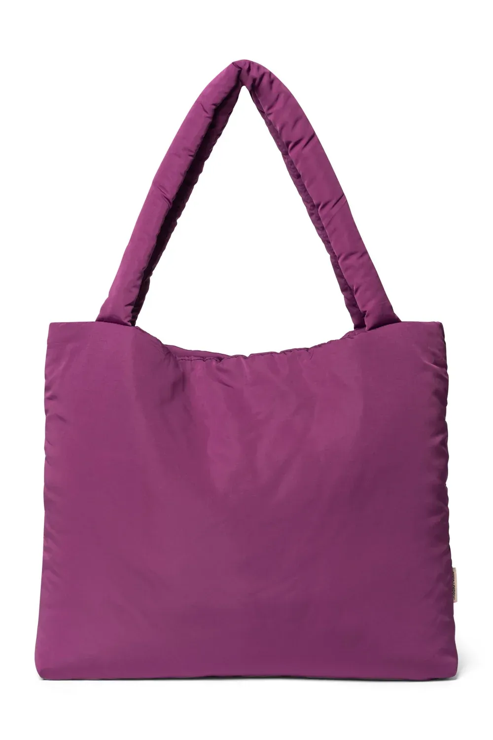 Purple padded tote bag with wide handles and smooth fabric texture.