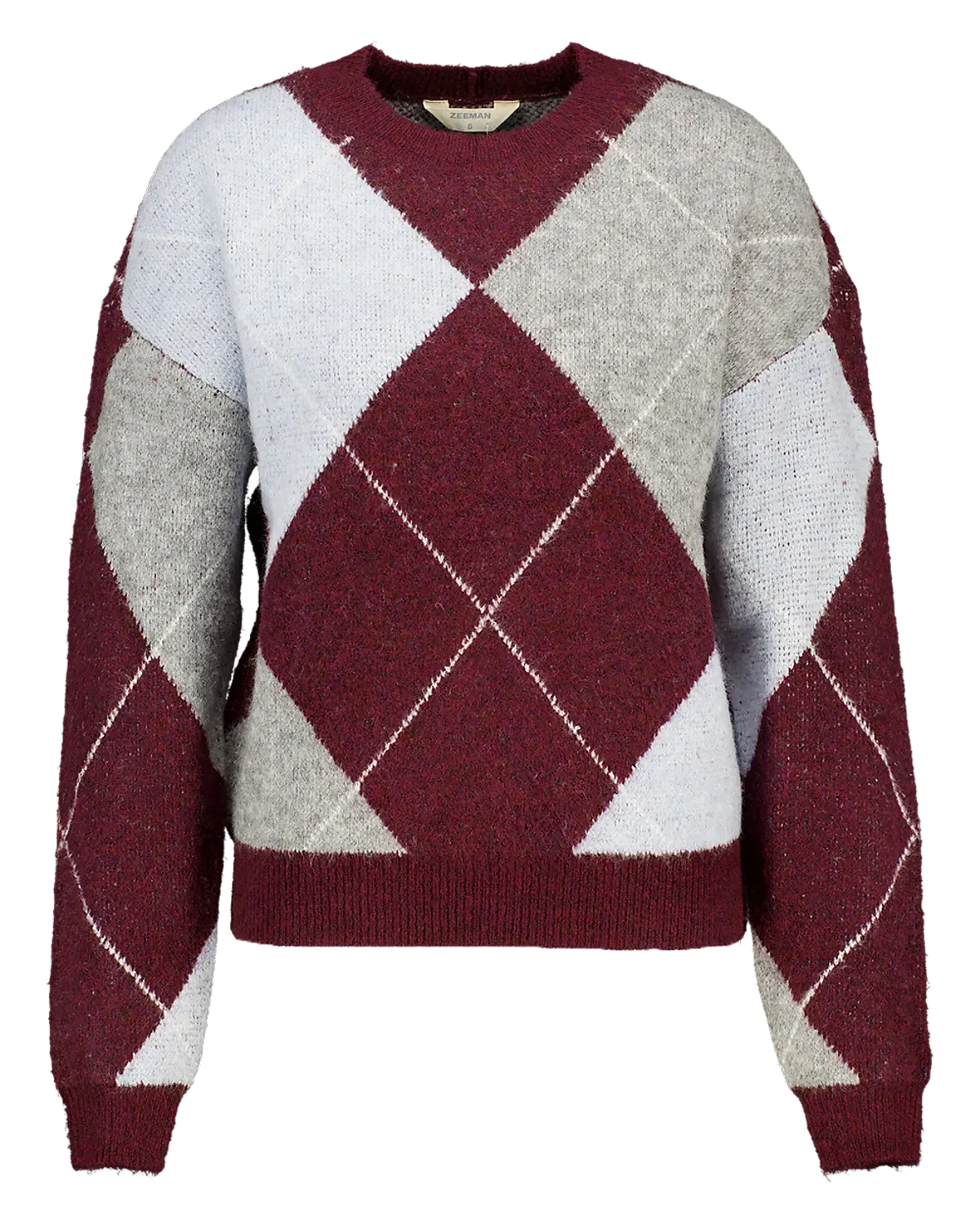 Knit sweater featuring a red, gray, and white argyle pattern with long sleeves and a round neckline.
