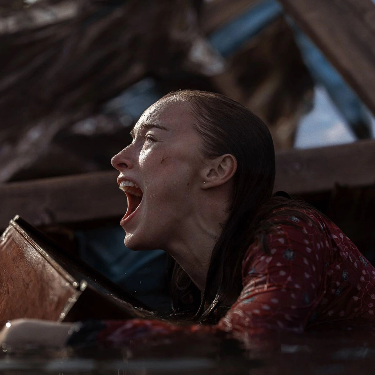 A woman in a red dress screams while partially submerged in water, holding onto debris. The background shows a partially submerged wooden structure.