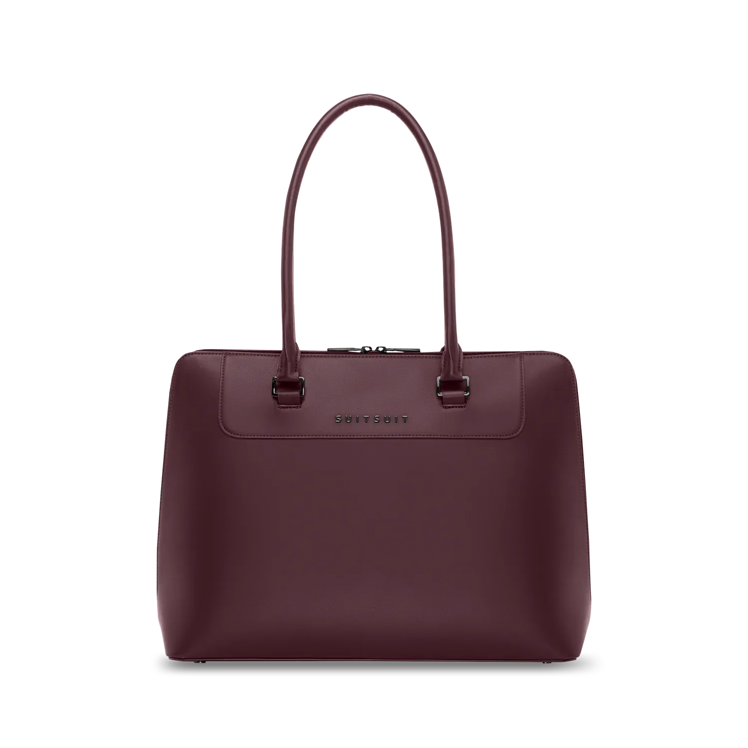 A burgundy leather handbag with dual top handles and the brand name on the upper front.