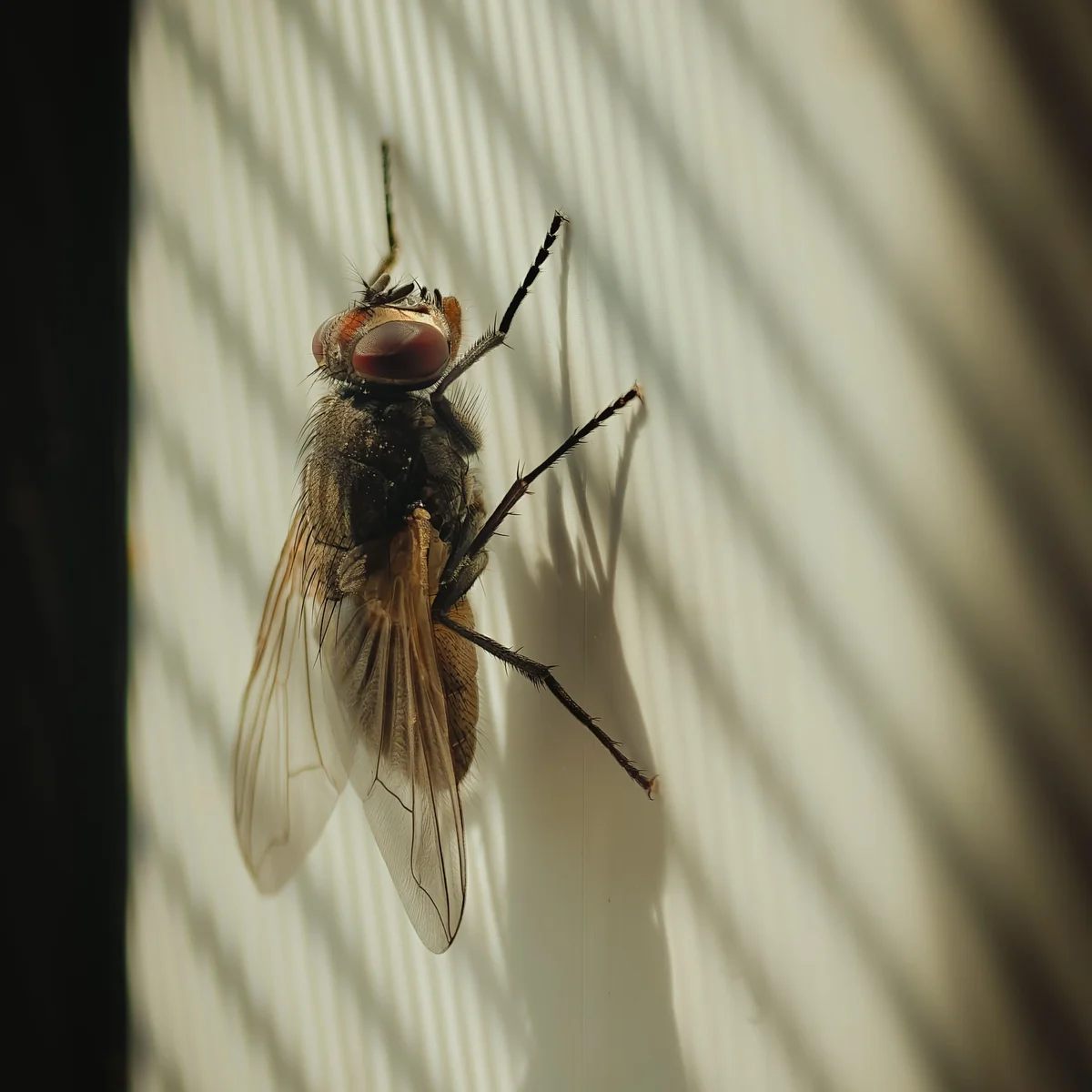 Close-up of a fly on a white surface with striped shadow patterns. The fly's wings and compound eyes are clearly visible.