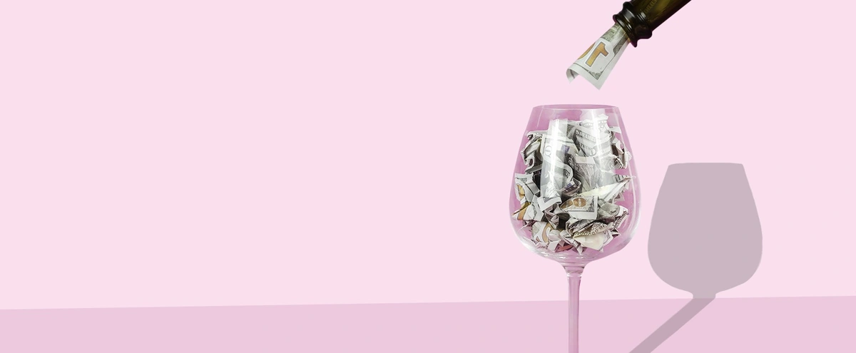 Header/hero - glas wijn - geld - biljetten - duur - drinken - champagne - euro - centen