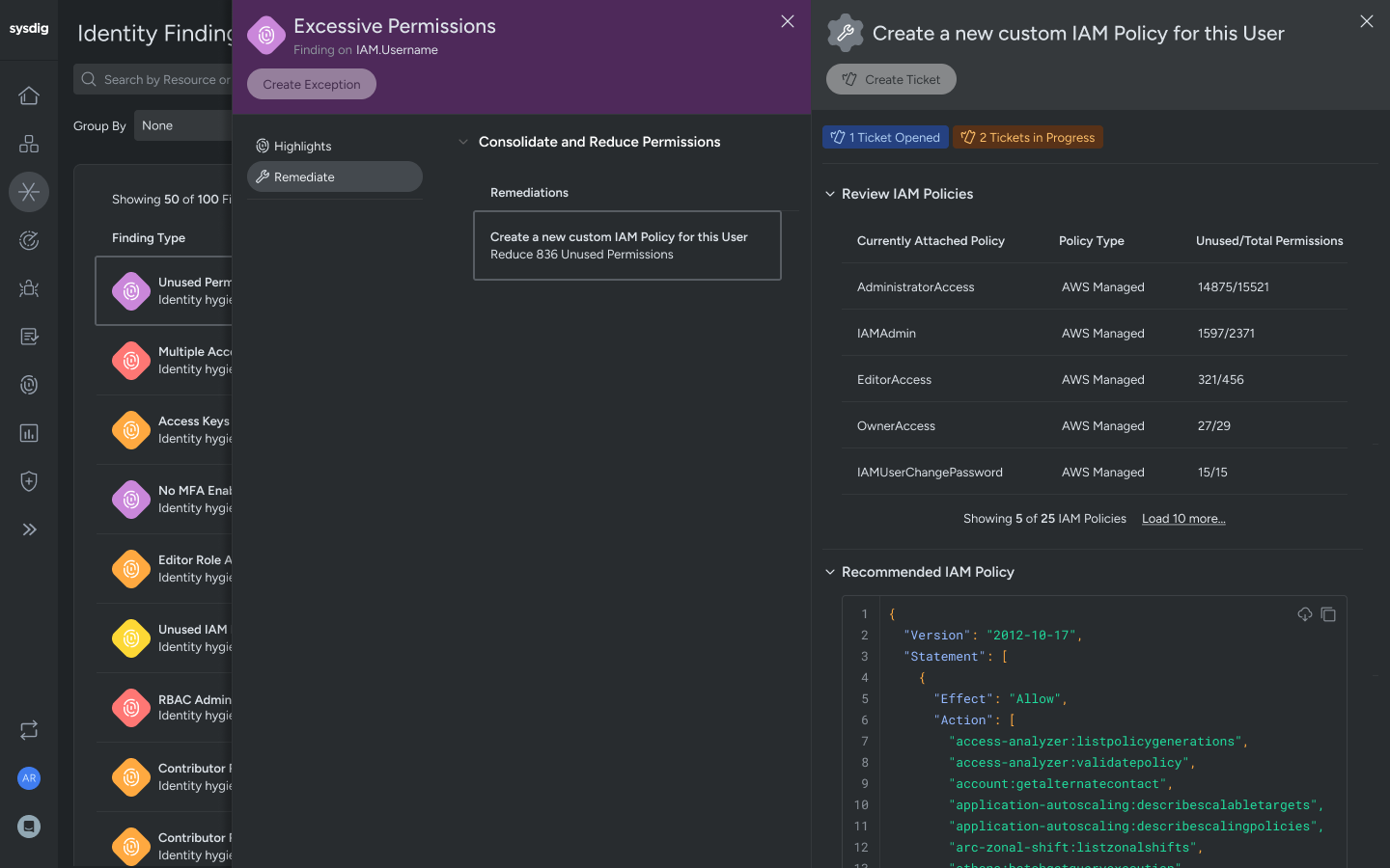 Sysdig identity findings, with an excessive permissions finding on an IAM user and a recommended replacement policy that removes 836 unused permissions.