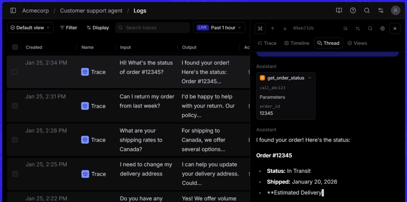 Braintrust logs for a customer support agent, with traced conversations listed and one thread open on a tool call that looks up an order's status.