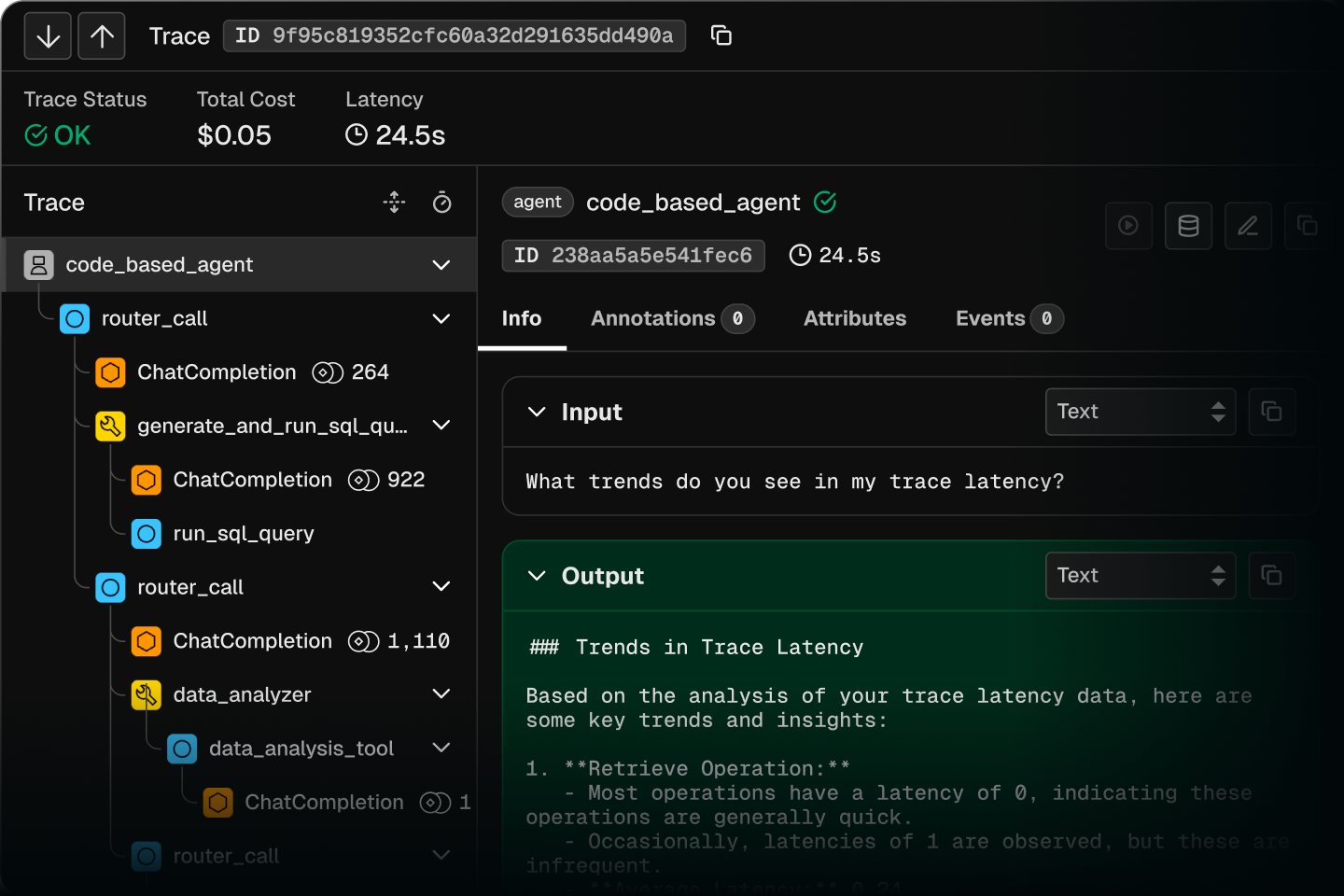 An Arize Phoenix trace of a code-based agent, with nested router calls, chat completions and tool spans on the left and the agent's input and output on the right.