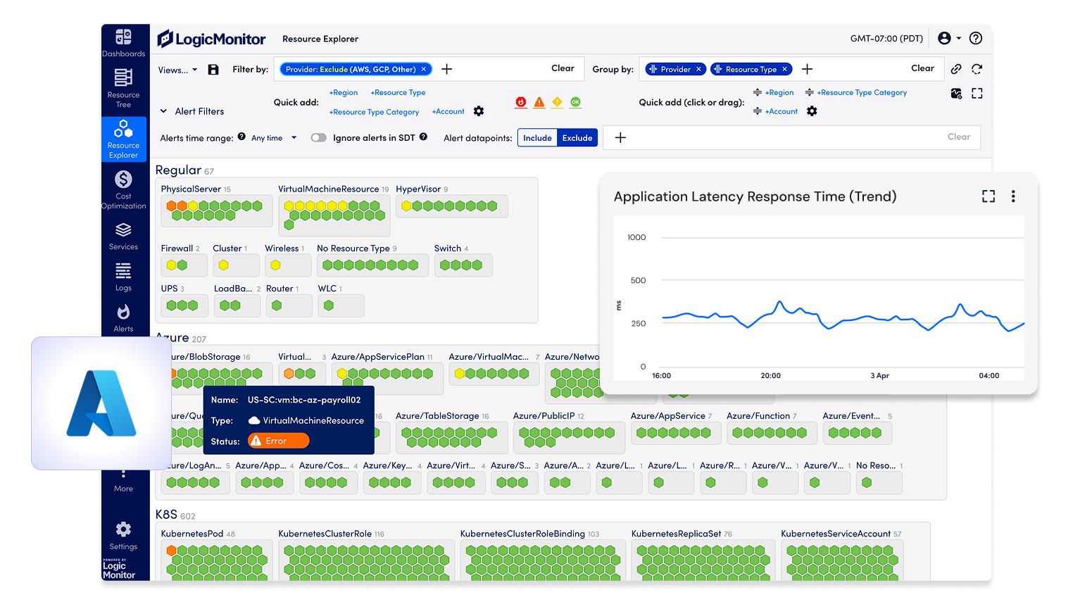 LogicMonitor's Resource Explorer grouping an Azure estate into blob storage, App Service plans, virtual machines, functions and other services as health tiles, with an erroring virtual machine highlighted and an application latency trend.
