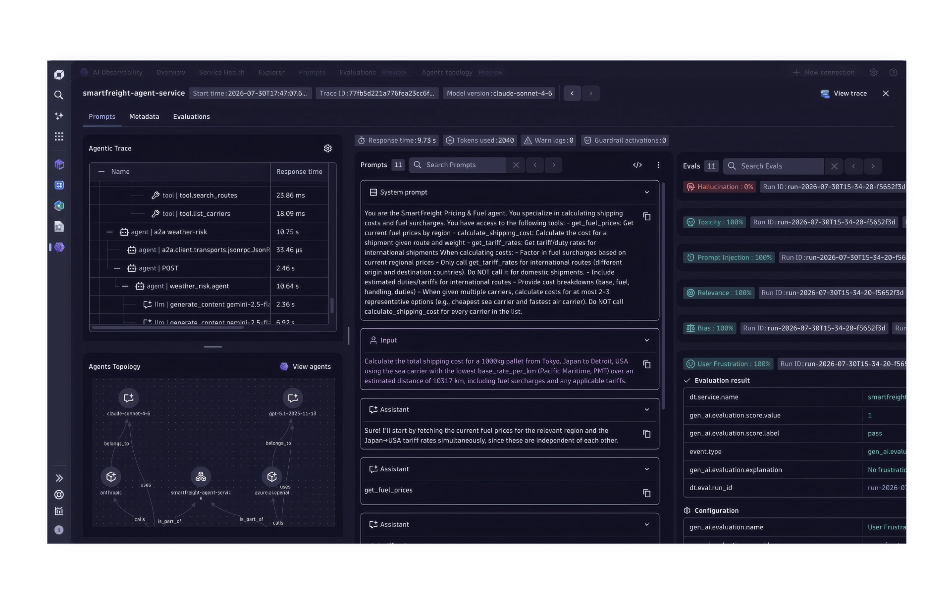 A Dynatrace trace of an AI agent service, with nested agent and tool spans and their response times, the agent topology, the system prompt and assistant messages, and evaluation results.