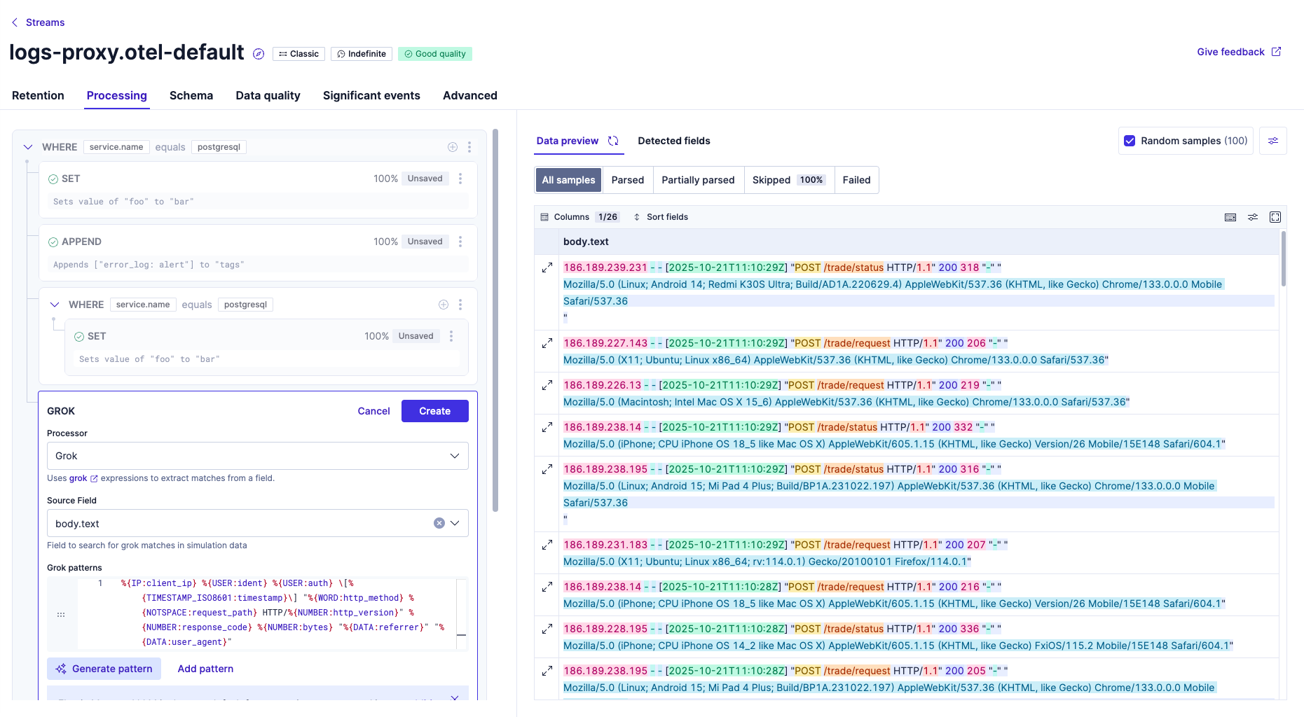 Elastic's stream processing view, building a Grok pattern against sampled log lines to extract fields from raw HTTP access logs.