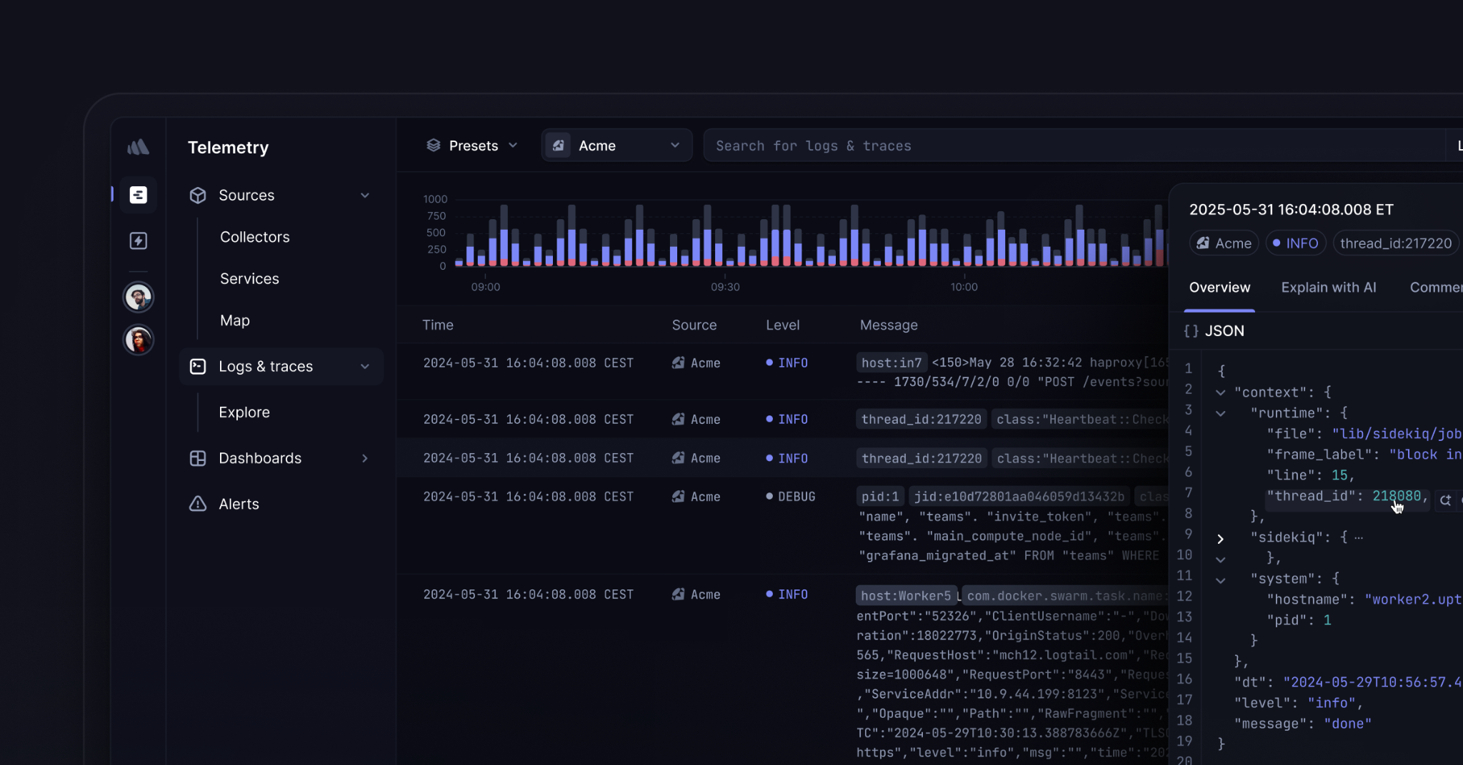 Better Stack's telemetry explorer with a log volume chart, a list of log lines by time, source and level, and one log entry expanded as JSON.