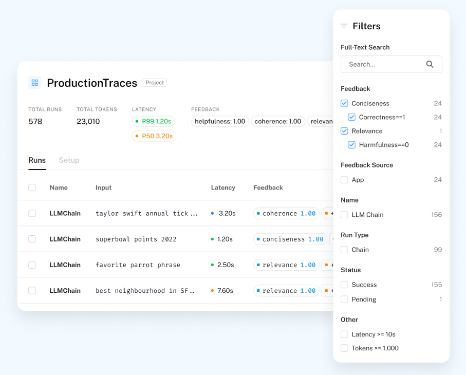 A LangSmith project of production traces listing LLM chain runs with latency and feedback scores, beside a filter panel for feedback, run type, status and token count.