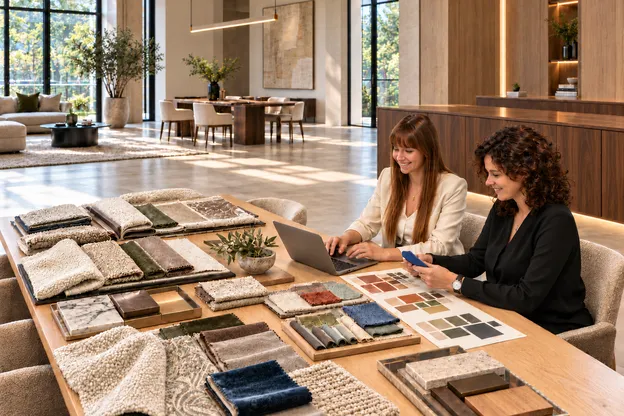 Twee vrouwen aan een houten tafel met stofstalen, materiaalmonsters, kleurkaarten en een laptop in een licht interieur.
