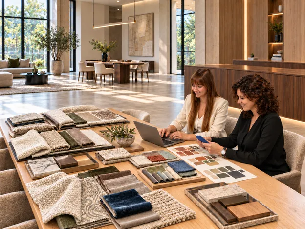 Twee vrouwen aan een houten tafel met stofstalen, materiaalmonsters, kleurkaarten en een laptop in een licht interieur.