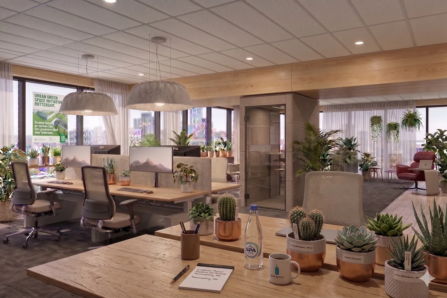 Ontwerp moderne kantoorinrichting, voorzien van ergonomische bureaustoelen, akoestische producten en belcellen.