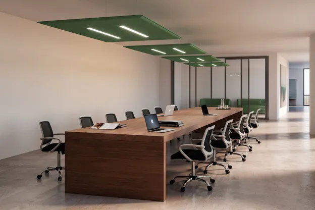 Caimi Snowsound panelen voor akoestiek voorzien van verlichting, in een vergaderkamer.