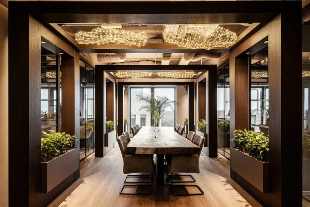 Vergadertafel met design stoelen in een kantoorruimte met warme houten accenten, onderdeel van projectinrichting in Amersfoort.