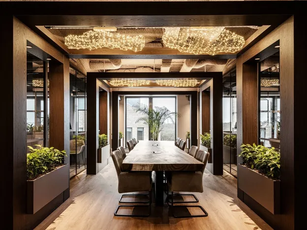 Vergadertafel met design stoelen in een kantoorruimte met warme houten accenten, onderdeel van projectinrichting in Amersfoort.