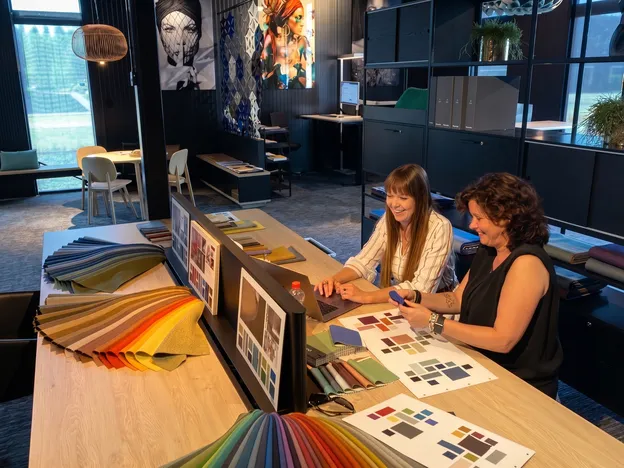 Interieurontwerpers stellen een kleurenpallet samen voor een interieurontwerp voor een kantoorinrichting