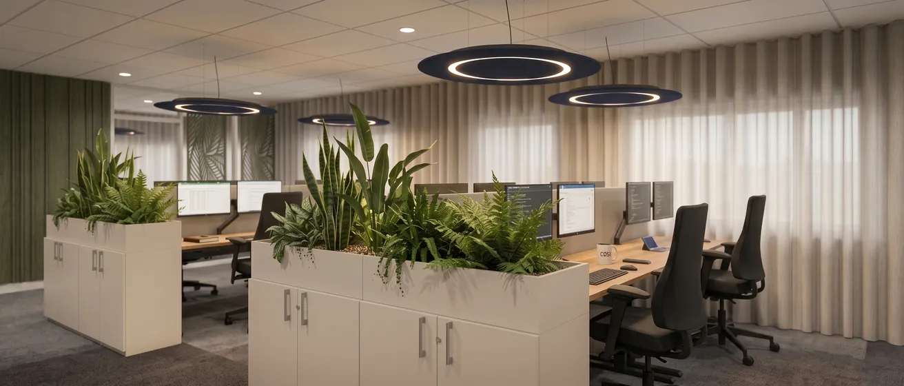 Akoestisch kantoor banner met planten compleet ingericht