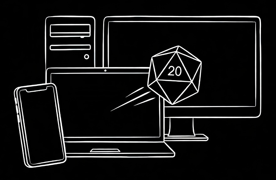 Illustration of a desktop, laptop, and smartphone with a 20-sided die in midair, symbolizing gaming and technology on a black background.