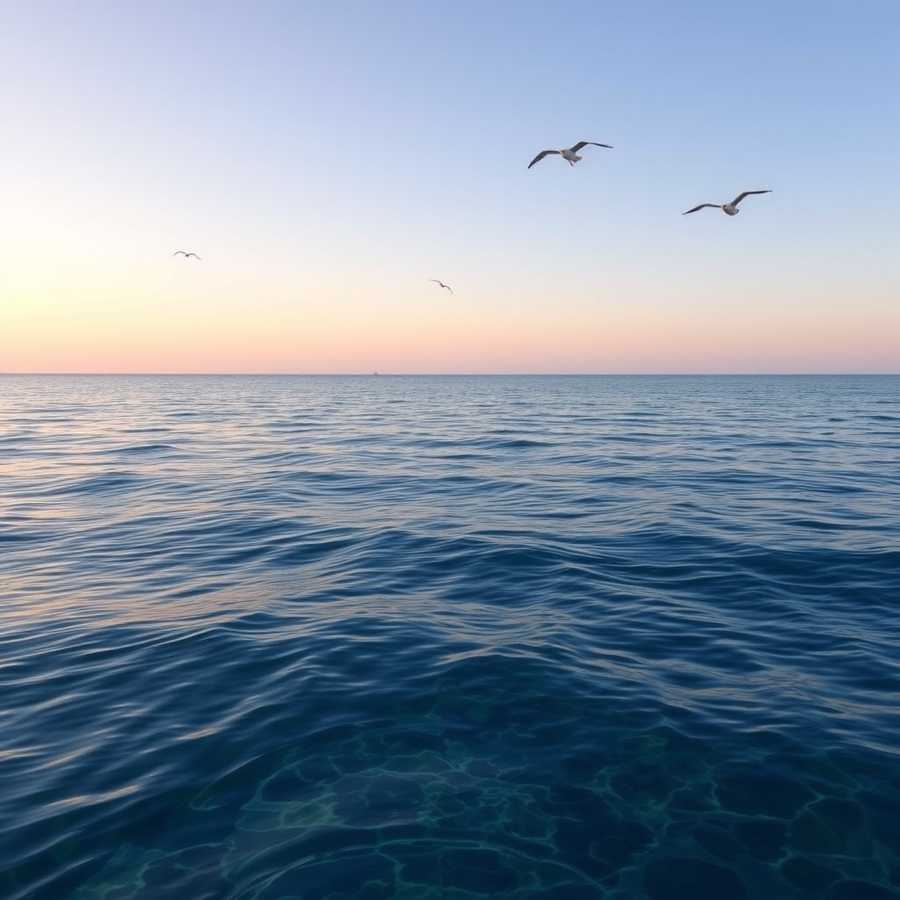 A tranquil seascape at sunrise, with crystal-clear, deep ocean blue water stretching to the horizon, gentle waves reflecting soft pink and gold light, and a few distant gulls soaring above a calm sky.