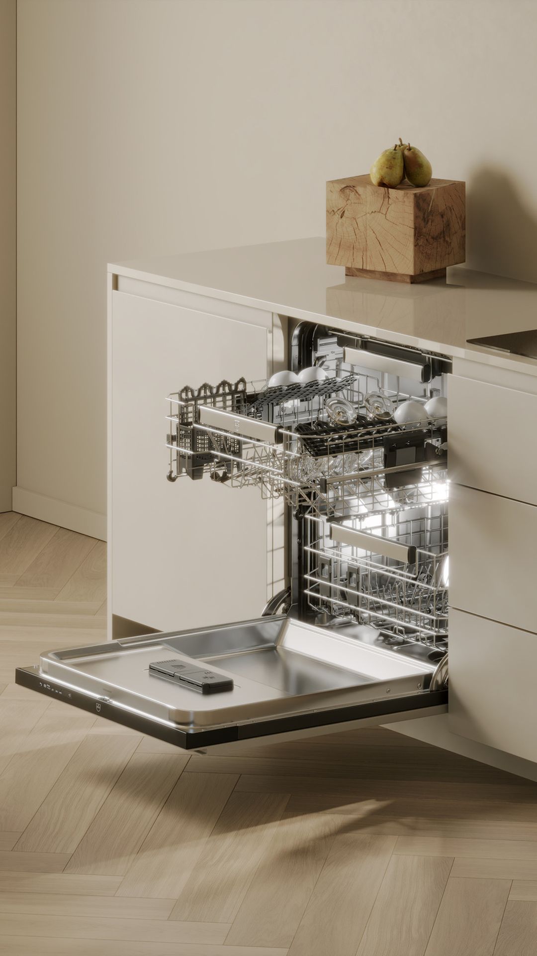 Modern dishwasher in a minimalist kitchen with an open dish rack