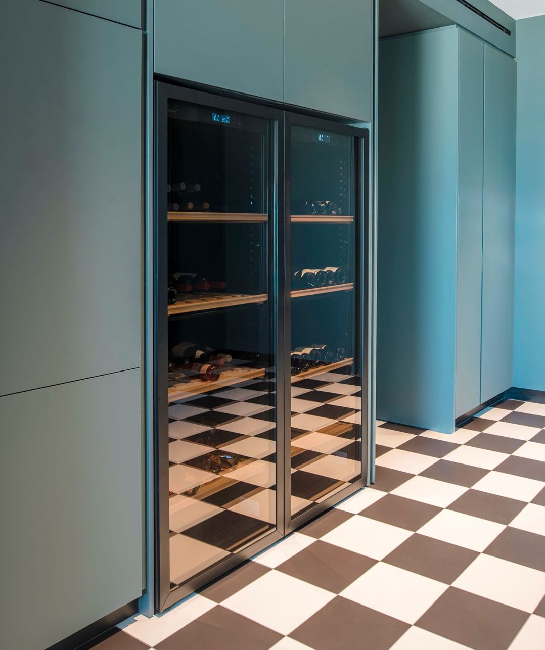 Two built-in wine coolers in Olive Detour and Ivory Oak cabinetry, Kraytem