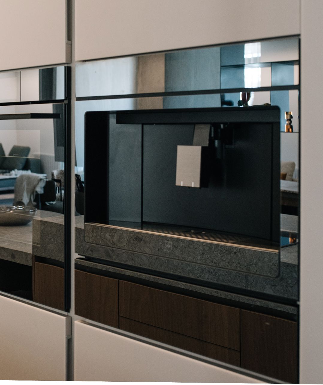 V-ZUG combi-steam oven and built-in coffee centre in a frozen walnut column, Zalka