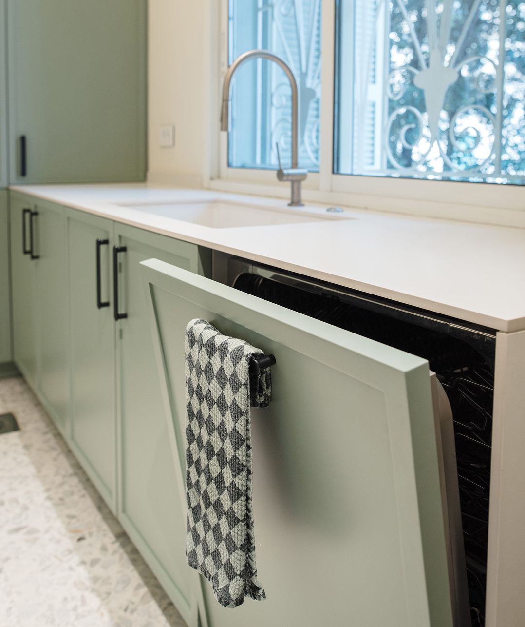 Soft green framed lacquer cabinetry, Beit Meri