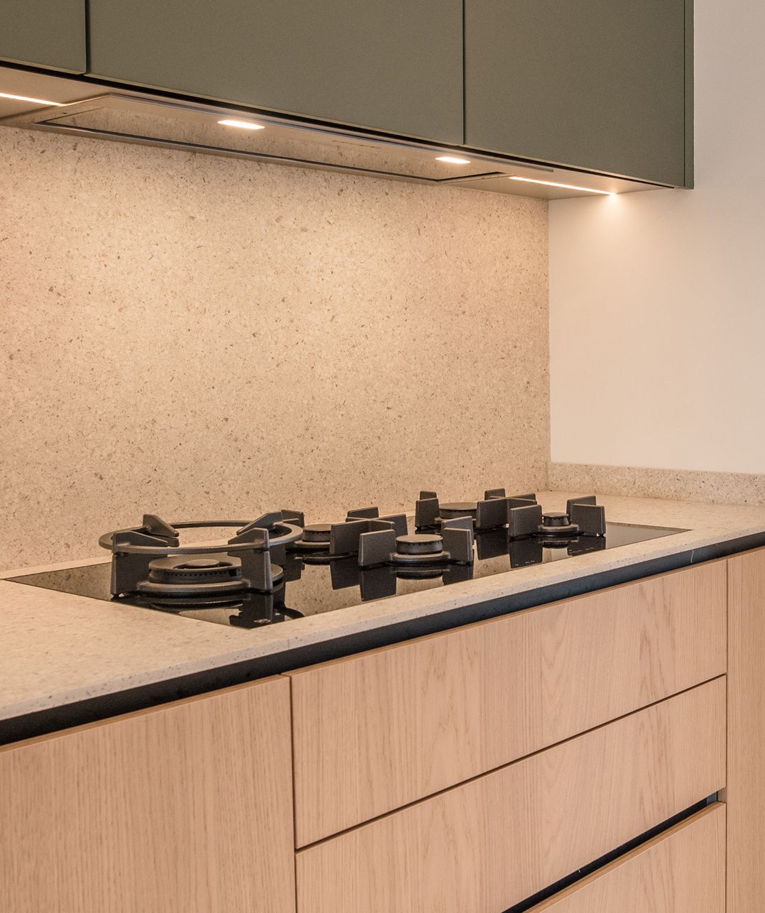 Ivory Oak and olive green kitchen in natural light, Jounieh