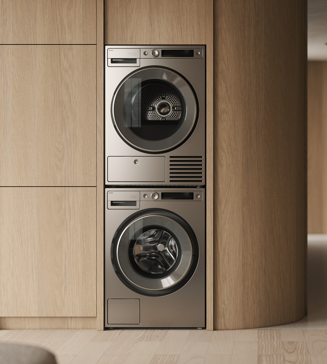 ASKO built-in washing machine and dryer set in custom cabinetry