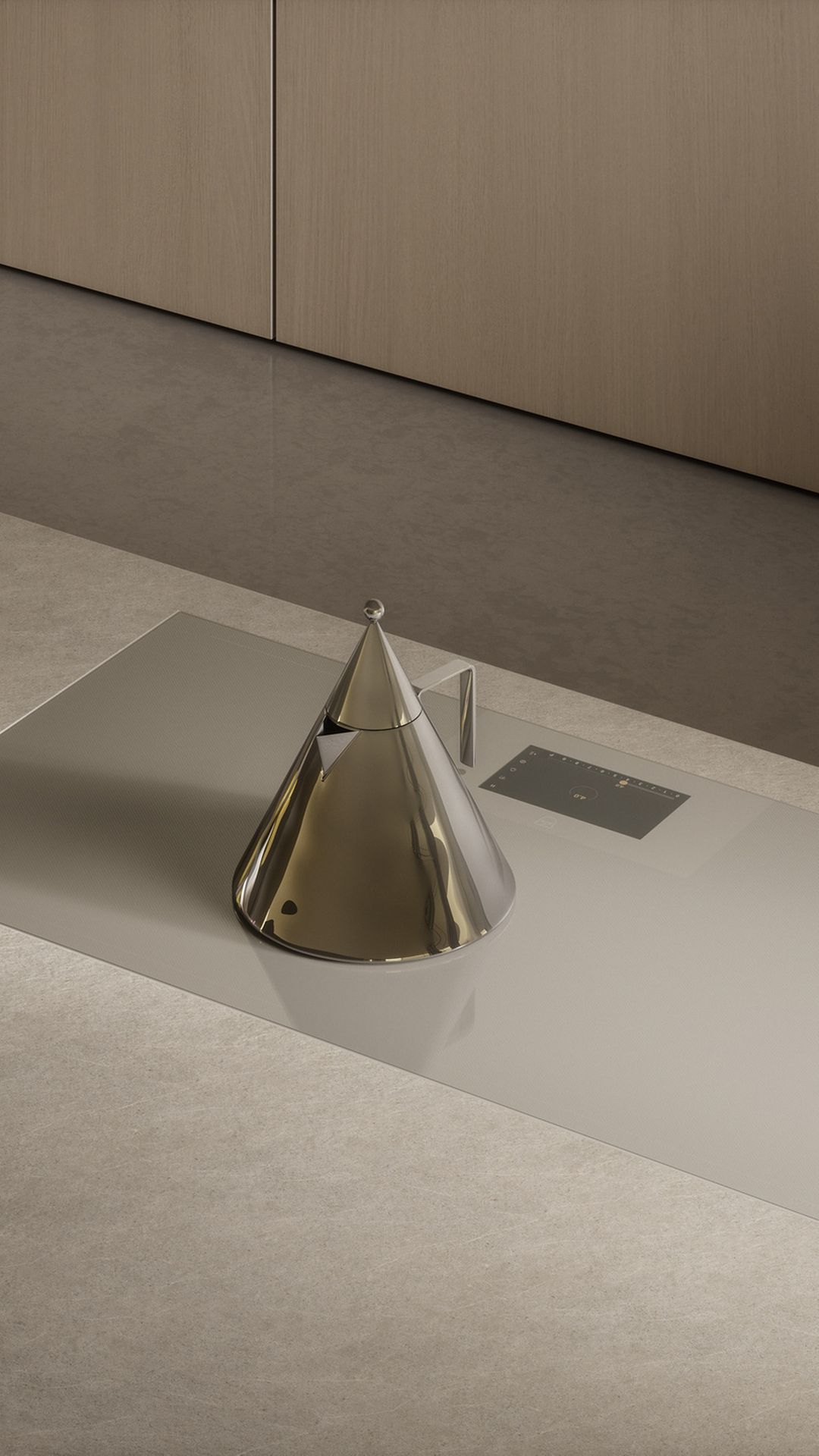 Modern cooktop with minimalist design and a teapot on the worktop