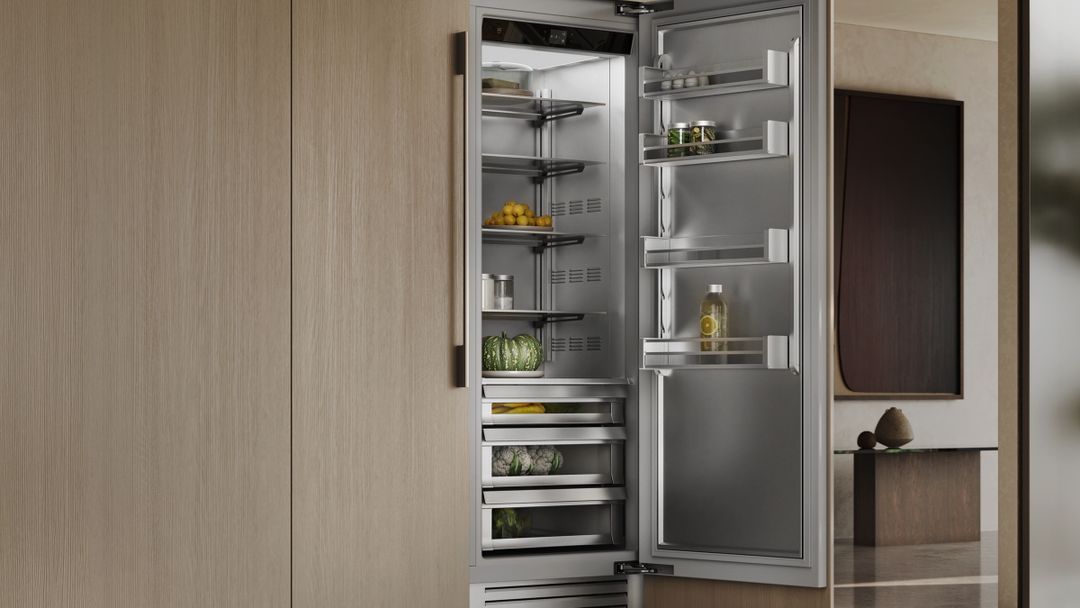 Modern fridge with open door and fresh food in an elegant kitchen