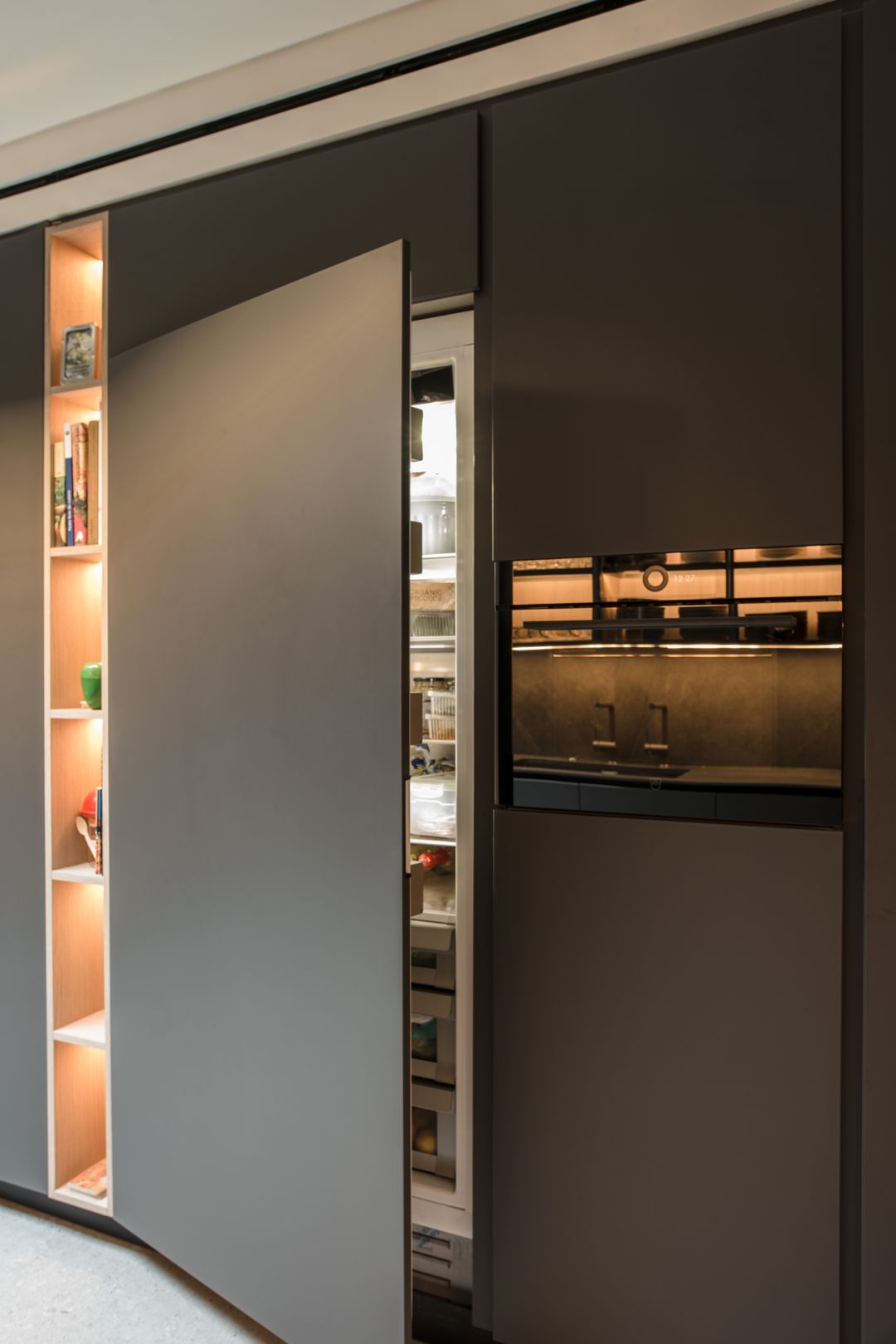 Fully integrated refrigerator behind Desert Oak cabinetry, Cornet Chehwan
