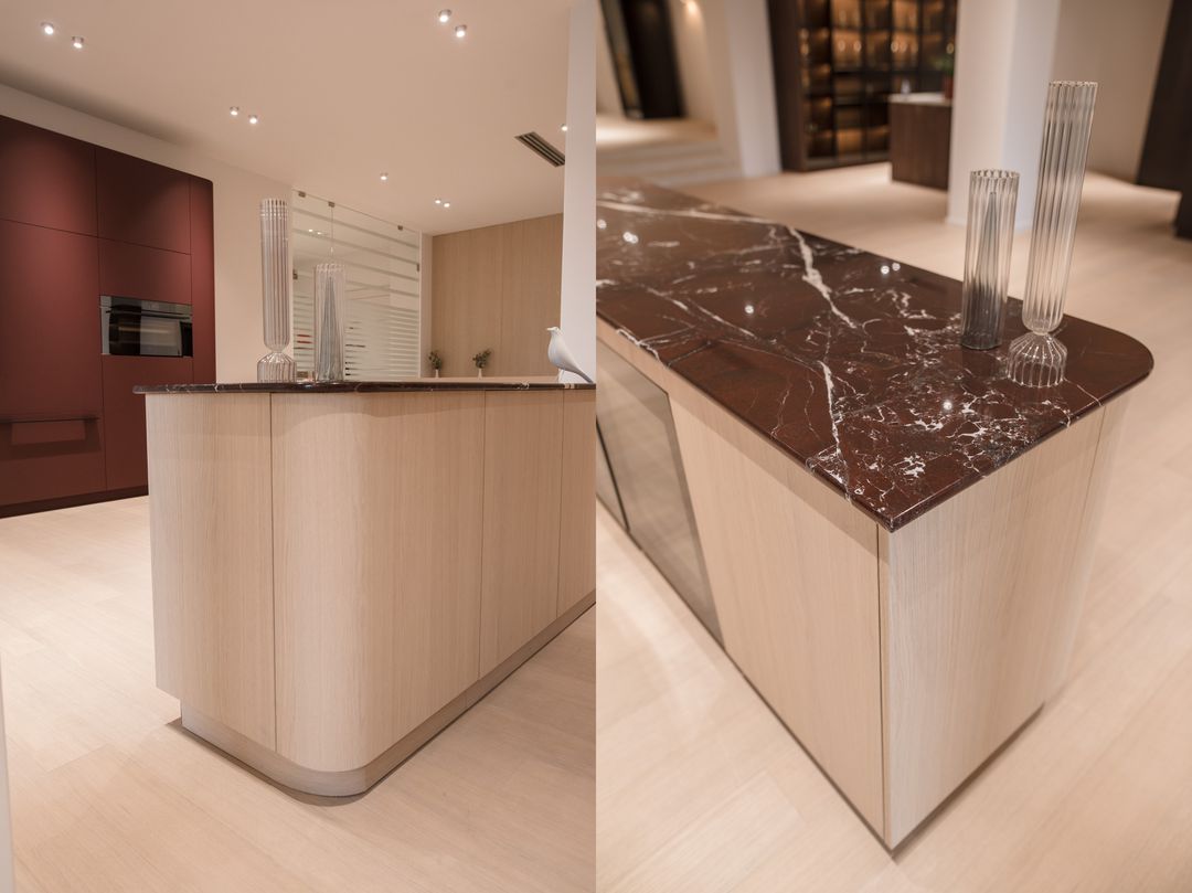 Burgundy showroom kitchen, view 4