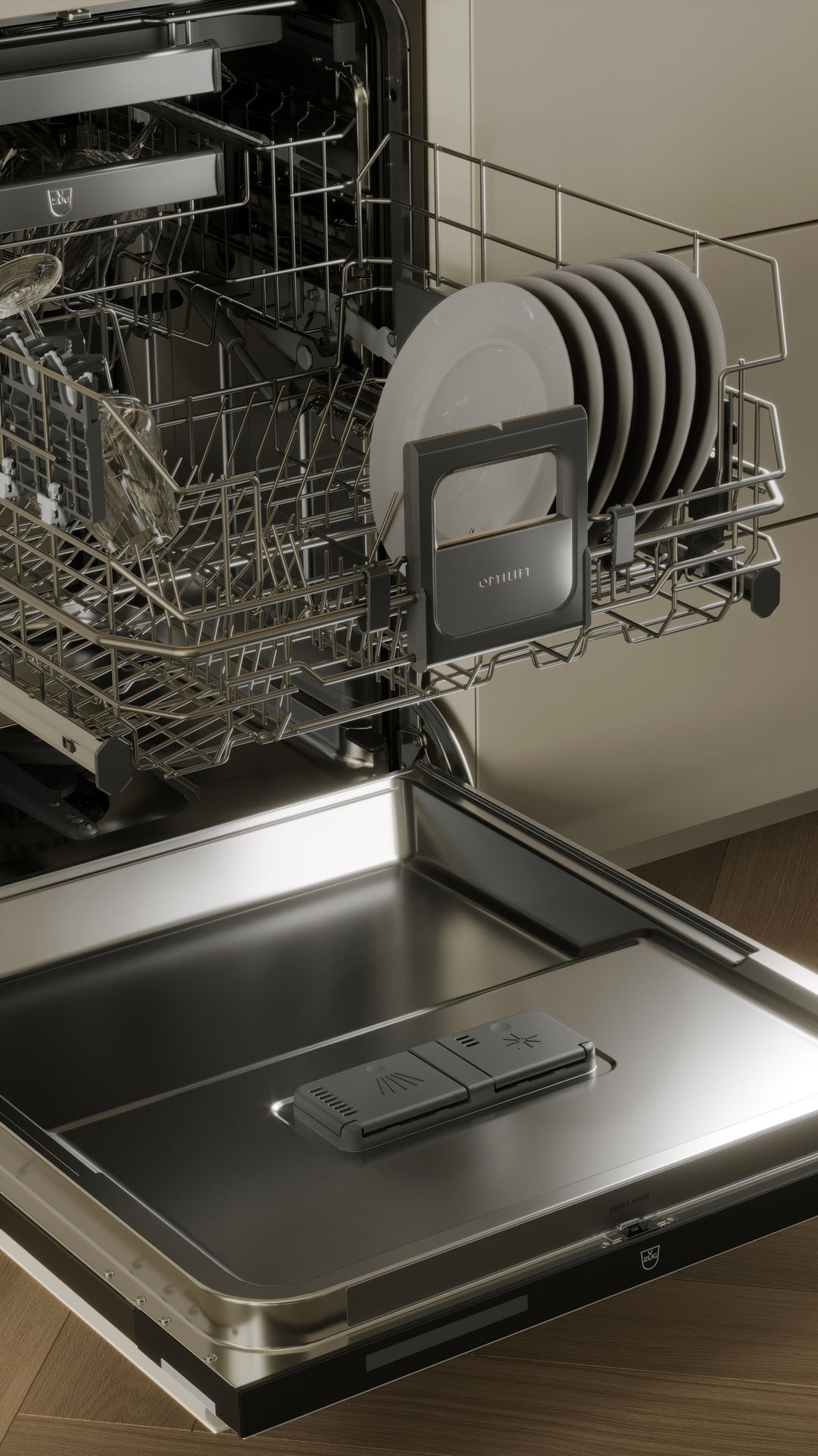 Open dishwasher with crockery and cutlery in a modern kitchen